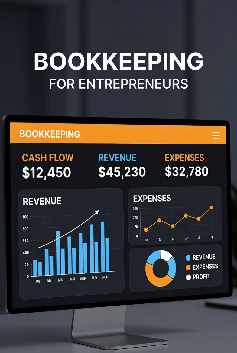 Bookkeeping services for entrepreneurs – modern dashboard showing revenue, expenses, and profit clarity