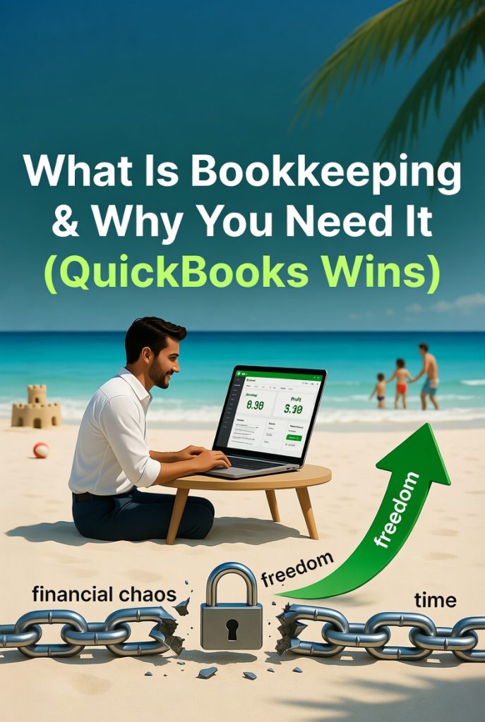 Step 3 Freedom Blueprint: Small business owner relaxing at sunny beach table with laptop open to clean QuickBooks dashboard showing green profit numbers, family playing happily in background, broken chains of financial chaos turning into freedom arrows