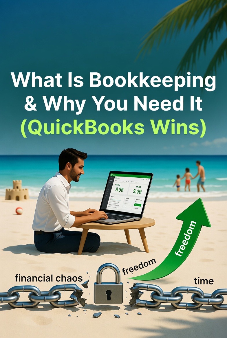 Step 3 Freedom Blueprint: Small business owner relaxing at sunny beach table with laptop open to clean QuickBooks dashboard showing green profit numbers, family playing happily in background, broken chains of financial chaos turning into freedom arrows