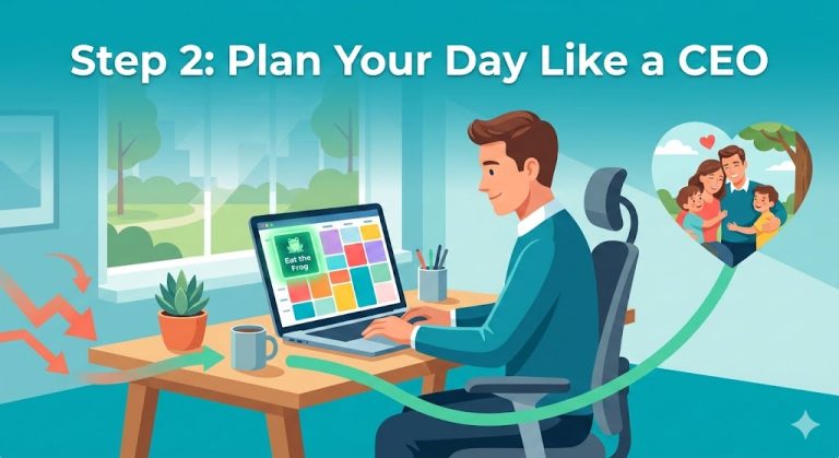 Step 2 Freedom Blueprint: Entrepreneur at clean desk with blocked calendar, Eat the Frog focus block glowing, chaos turning to smooth daily flow and family time – Plan your day like a CEO