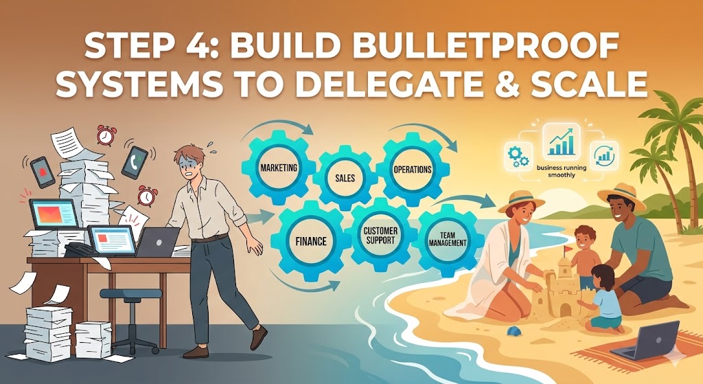Step 4 Freedom Blueprint: Small business owner stepping back from chaotic desk while six clean organized gears labeled with core systems turn smoothly, leading to the same owner relaxed with family on the beach – Build systems to delegate & scale without burnout