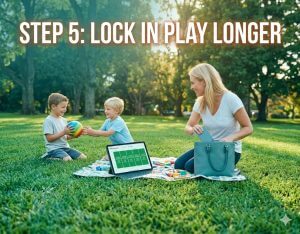 Step 5 Freedom Blueprint: Happy family on beach with closed laptop, business systems running smoothly in background – Guilt-free family vacations for entrepreneurs and play longer