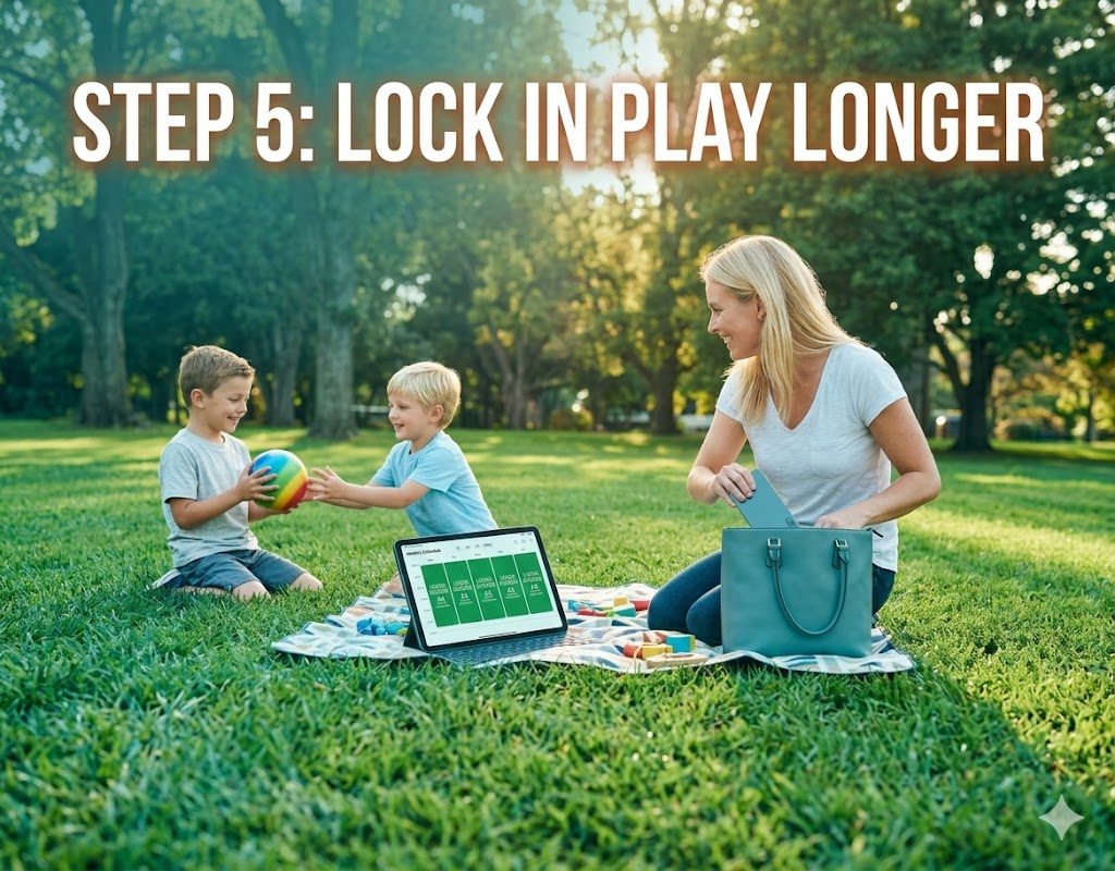 Step 5 Freedom Blueprint: Happy family on beach with closed laptop, business systems running smoothly in background – Guilt-free family vacations for entrepreneurs and play longer