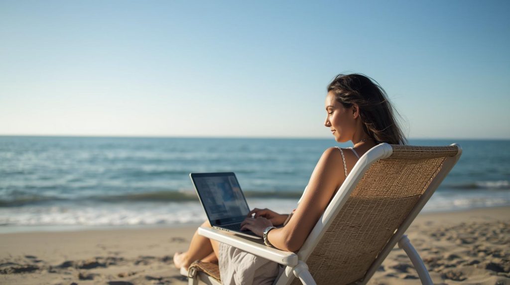 Entrepreneur family enjoying beach freedom with laptop work – reclaim time and play longer with proven business systems.