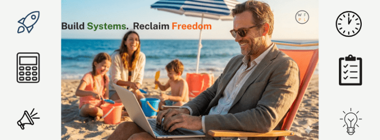 A confident family business owner working on a laptop at a sunny beach while his family plays under an umbrella in the background. The image features six glowing icons representing high-leverage business systems—launches, bookkeeping, marketing, time optimization, SOPs, and training—along with the text 'Build Systems. Reclaim Freedom.