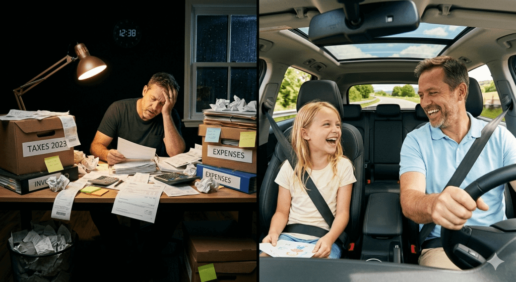 A split image showing a stressful desk overflowing with paper receipts and file boxes on the left, and a happy business owner driving his daughter on the right, illustrating the family time gained when you delegate bookkeeping.