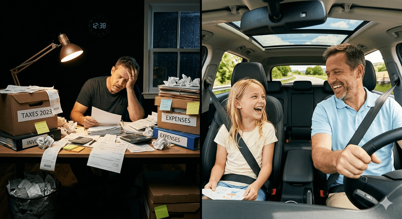 A split image showing a stressful desk overflowing with paper receipts and file boxes on the left, and a happy business owner driving his daughter on the right, illustrating the family time gained when you delegate bookkeeping.