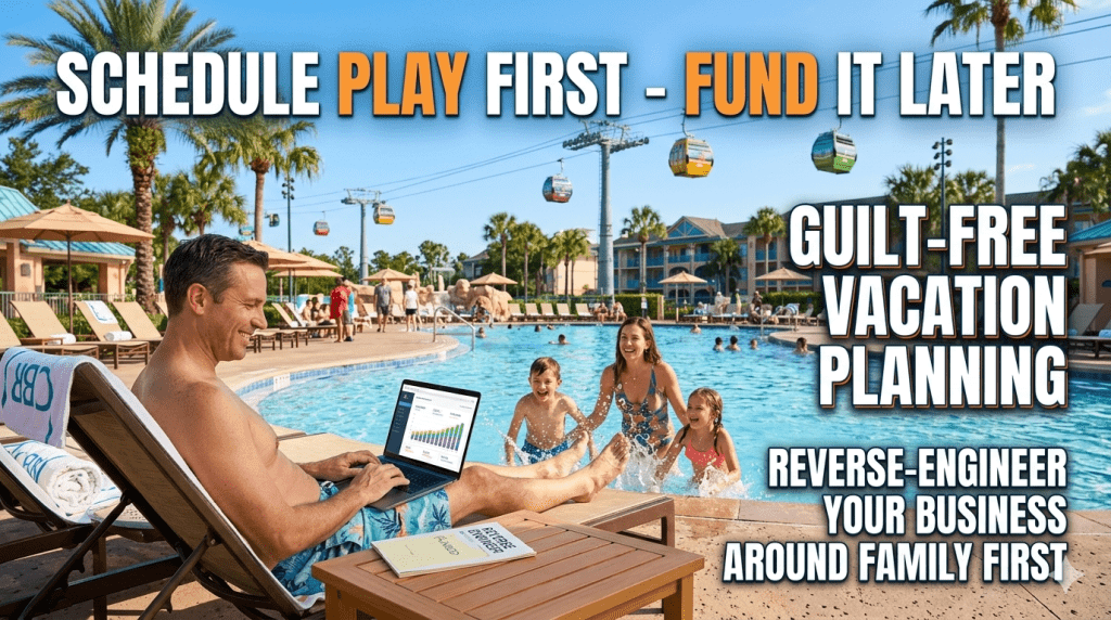 Guilt-free family Disney vacation planning: Happy parents and two young kids relaxing on a sunny Caribbean Beach Resort pool deck at Disney World, dad with laptop showing revenue dashboard, family splashing in background, Skyliner visible, bold text overlay "Schedule Play FIRST – Fund It Later" in blue and orange Freedom Blueprint style.