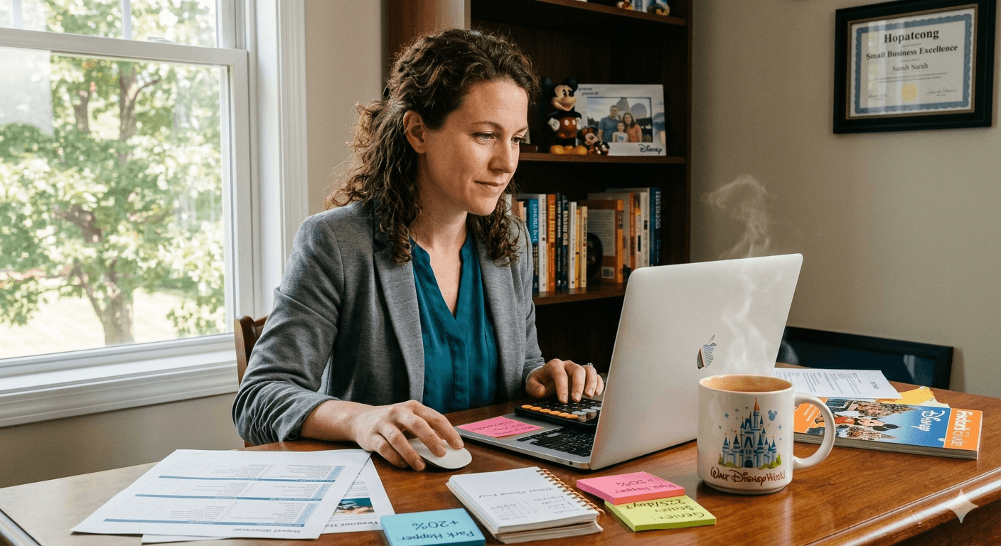 Solopreneur Disney World budget planning visual with office and castle imagery