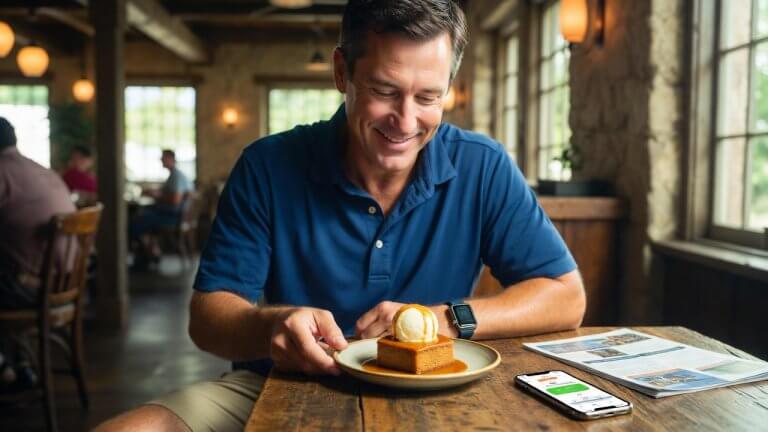 Relaxed family business owner enjoying dessert at a cozy restaurant table with phone and newspaper, embodying freedom after ruthless focus and fair role-sharing.