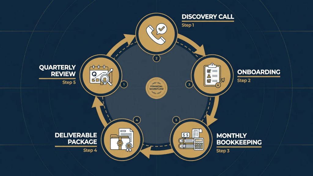 Five-step bookkeeping workflow from discovery call through quarterly review