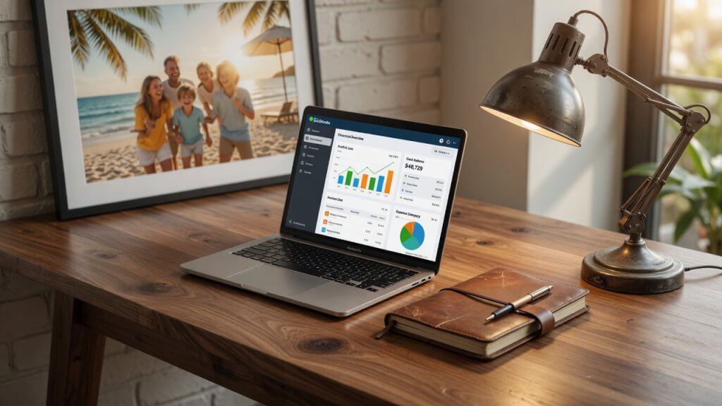 Bookkeeping vs accounting for small business — clean workspace with QuickBooks dashboard, leather notebook, and family vacation photo representing financial clarity and time freedom