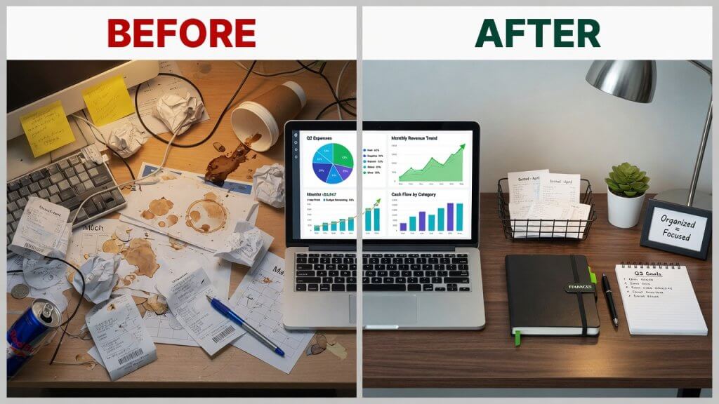 Before and after transformation from disorganized bookkeeping to clean professional financial management
