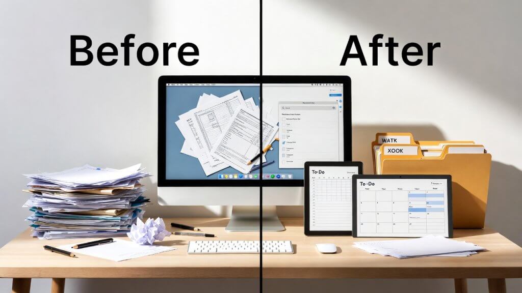 A visual of "Order"—think clean folders, organized charts, or a "Before and After" category split.