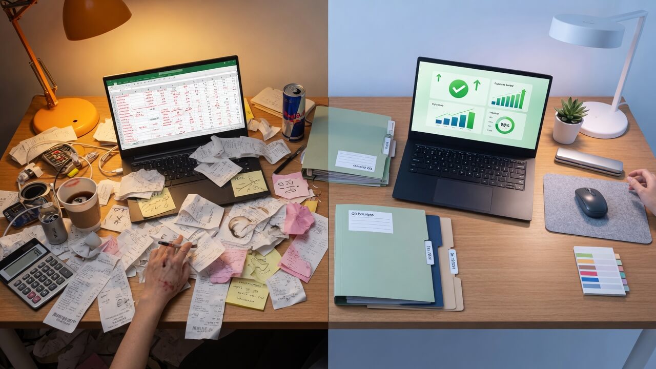 Solopreneur doing a bookkeeping cleanup after tax season 
    at a home office desk