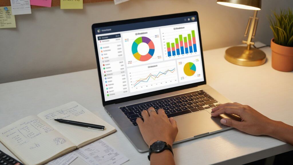 QuickBooks Online dashboard open on laptop during year-end bookkeeping review