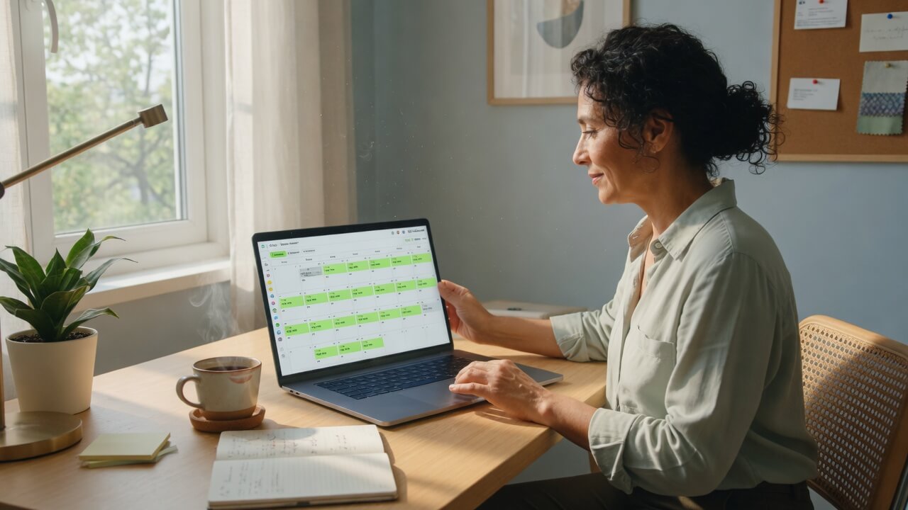 Small business owner setting up a monthly bookkeeping 
    system at a home office desk
