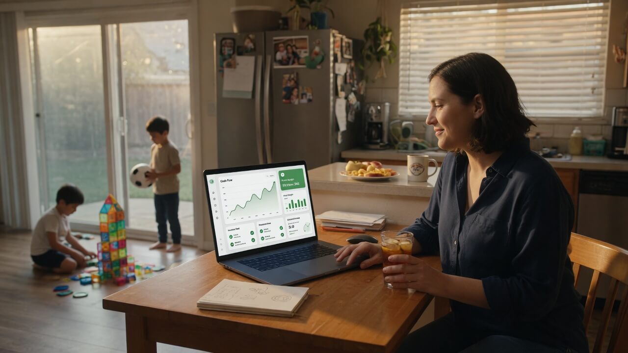 Family business owner reviewing monthly bookkeeping routine 
    on laptop before school pickup