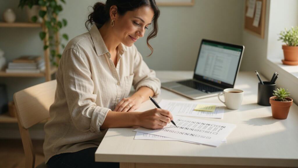 Solopreneur checking items off printed tax preparation checklist at desk