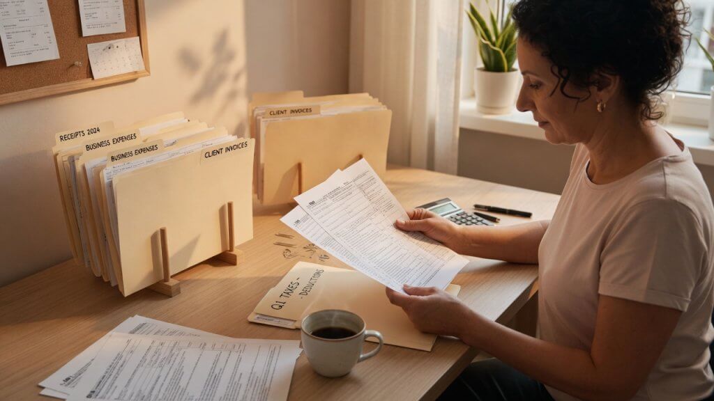 Small business owner sorting tax documents into labeled folders on desk