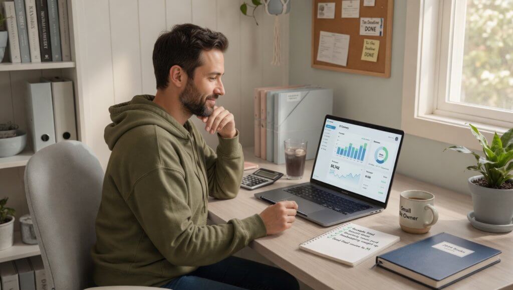 Small business owner reviewing books after tax season at a clean home office desk