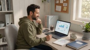 Small business owner reviewing books after tax season at a clean home office desk