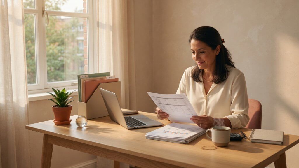 Small business owner reviewing financial documents at a tidy desk with warm natural light