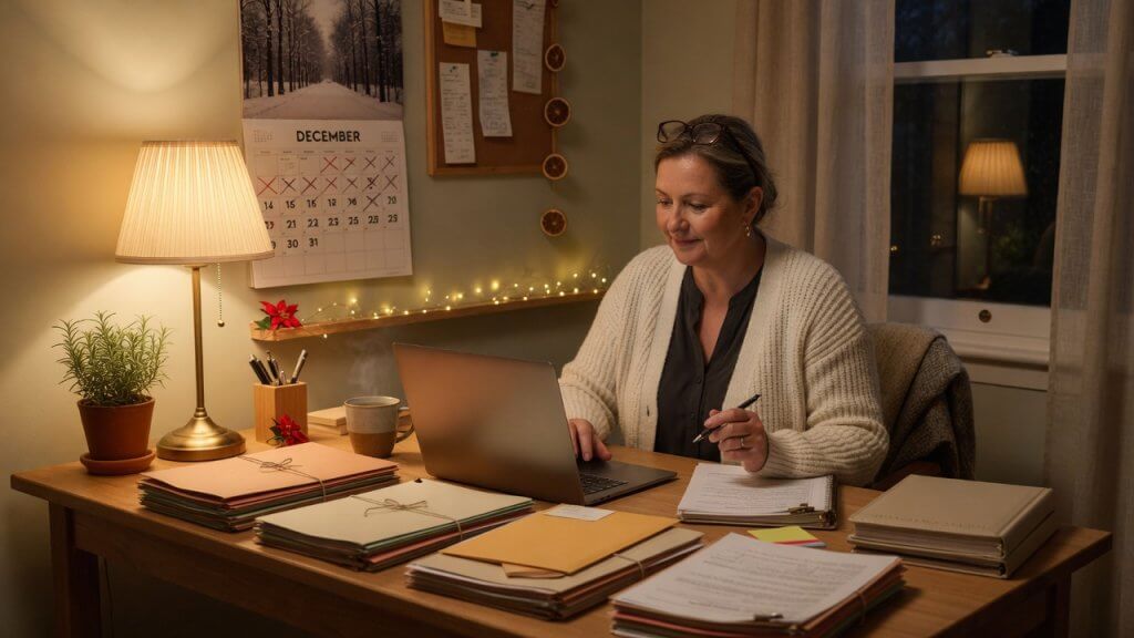 Business owner at laptop doing year-end bookkeeping cleanup before CPA meeting