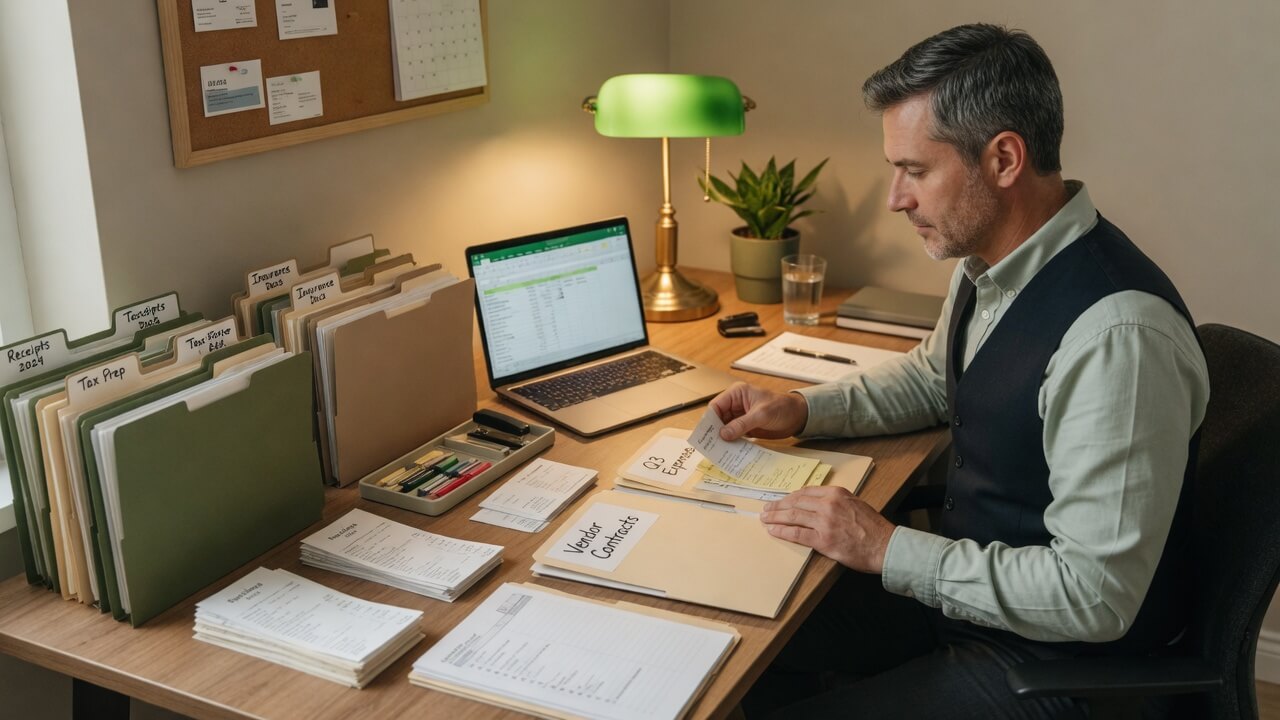 small business owner reviewing organized receipts and financial records for bookkeeping cleanup before taxes