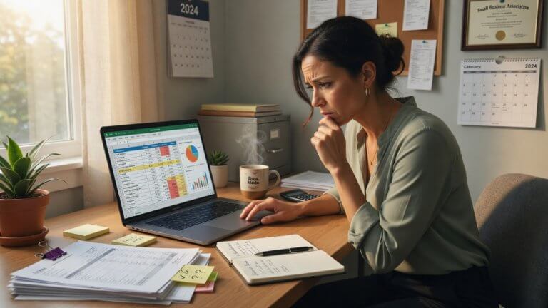 Small business owner reviewing bookkeeping cleanup cost estimate on laptop screen
