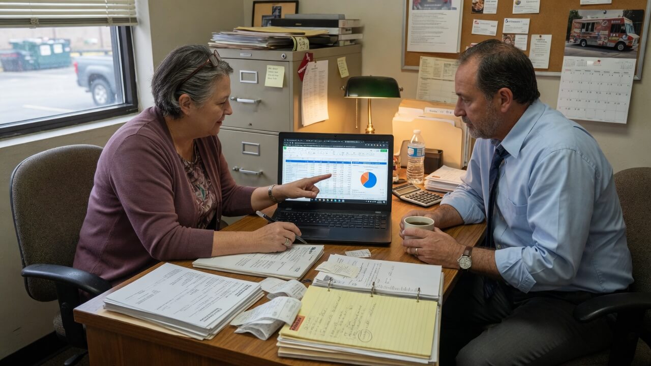 Business owner and bookkeeper reviewing years of unreconciled transactions in QuickBooks cleanup service
