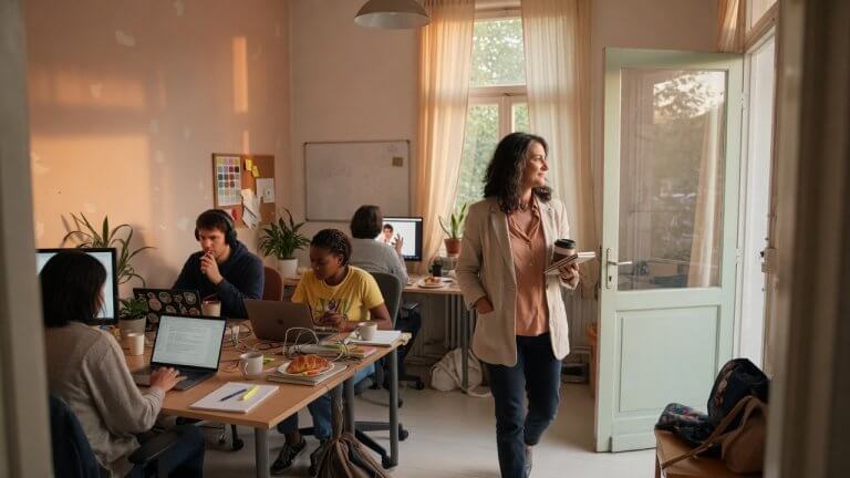 small business owner walking away from organized workspace with team working independently in background
