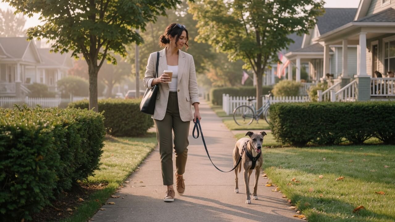 business owner walking dog calmly on loose leash — illustrating who is in control of who