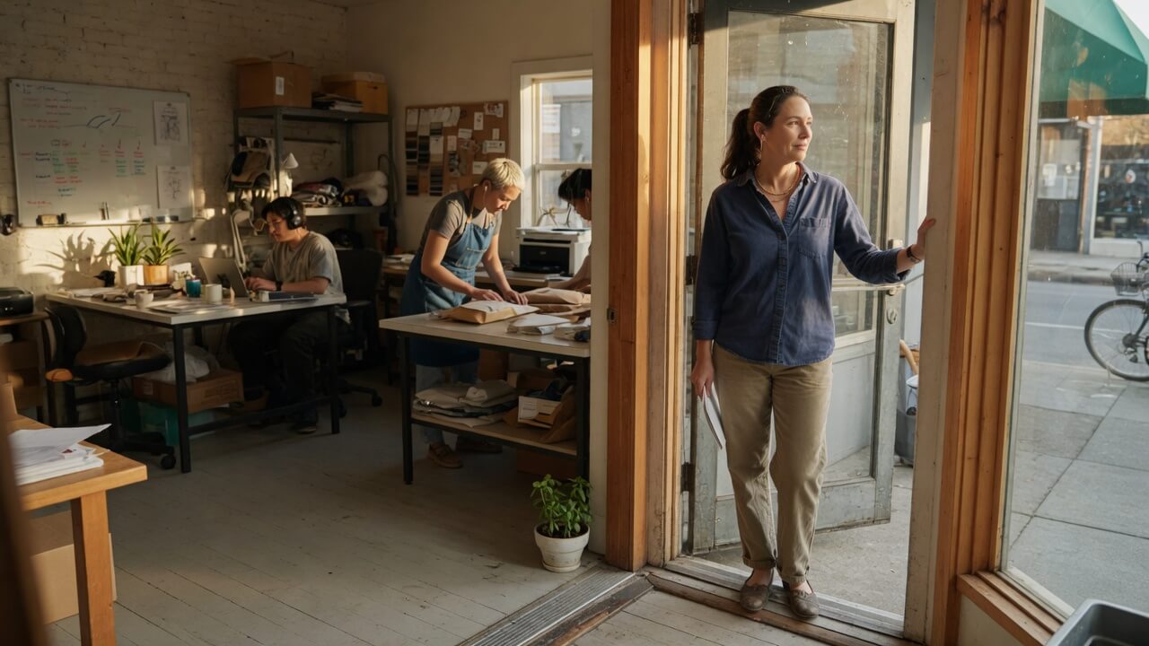 small business owner at a threshold moment looking forward with team working confidently in background