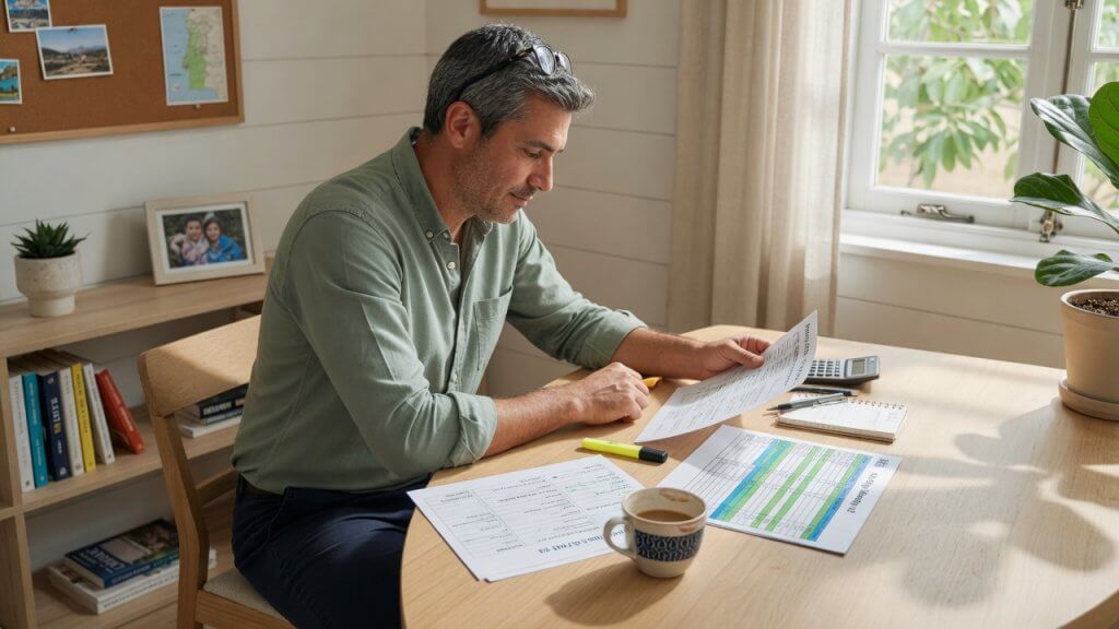 Business owner reviewing travel itinerary and budget documents at a sunny home office desk with family photo in background