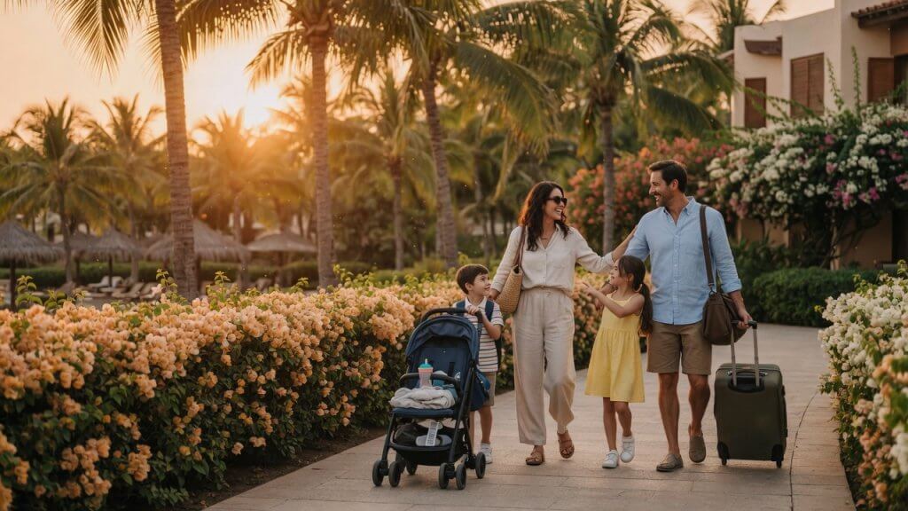 Family of four arriving at a luxury resort at golden hour, parents and children laughing together on a garden pathway with stroller and luggage
