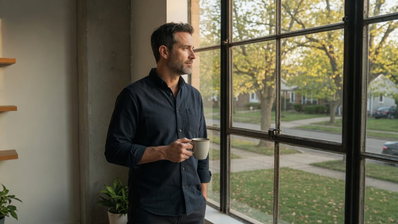 Business owner in their 40s standing at a window with coffee, calm and unhurried, not looking at a phone or screen