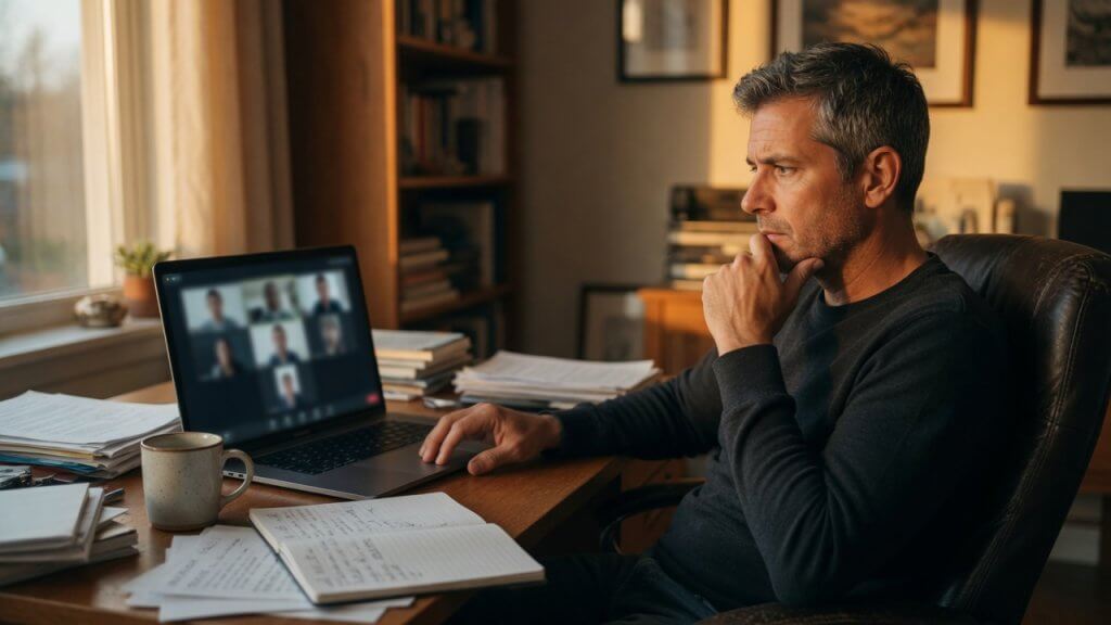 Small business owner in their 40s having a moment of clarity during a video call, sitting back in their chair