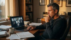 Small business owner in their 40s having a moment of clarity during a video call, sitting back in their chair