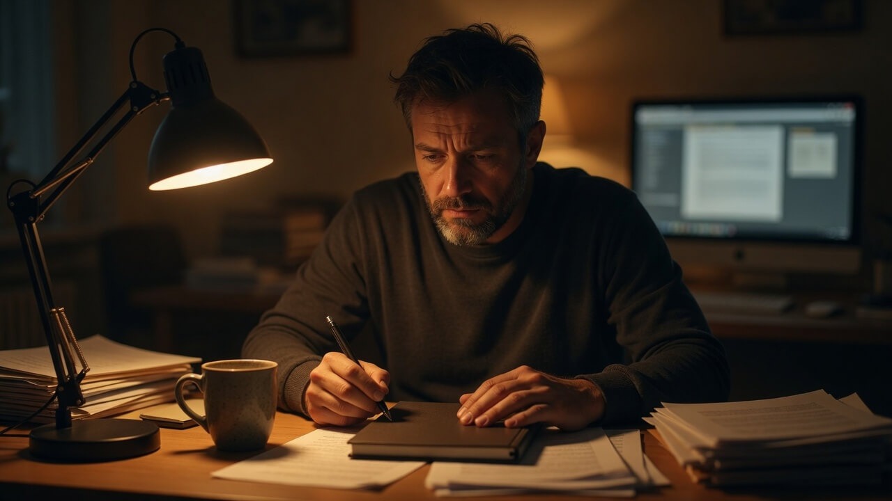 Business owner in their 40s at a desk late at night, staring at a notebook, appearing thoughtful and reflective