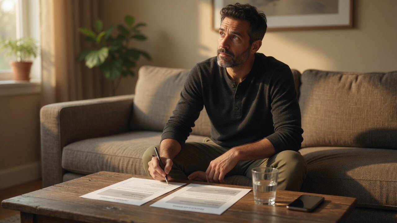 Small business owner in their 40s working through a printed business WHY worksheet at a coffee table, pen in hand