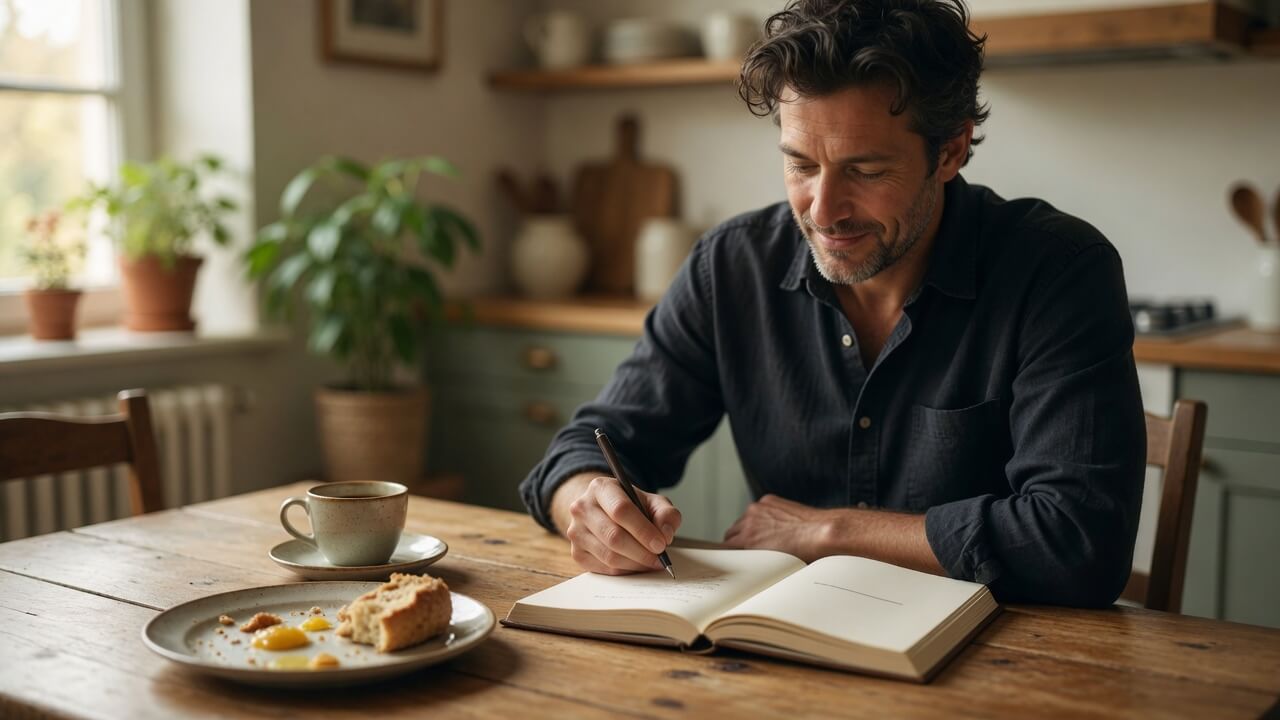 Business owner in their 30s–40s writing a single sentence in a journal at a kitchen table, expression focused and calm