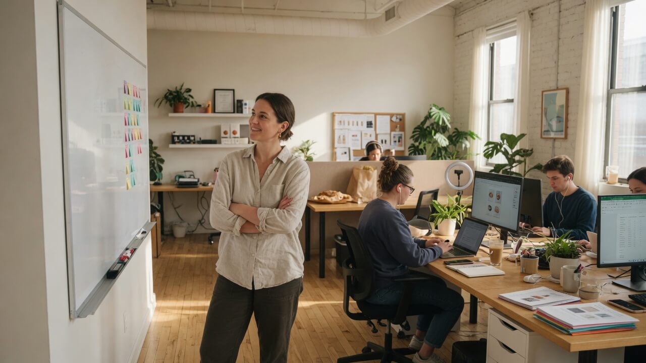 small business owner reviewing team results while team works independently without constant direction