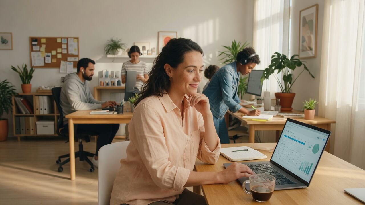 small business owner reviewing clean systems dashboard while team runs operations independently