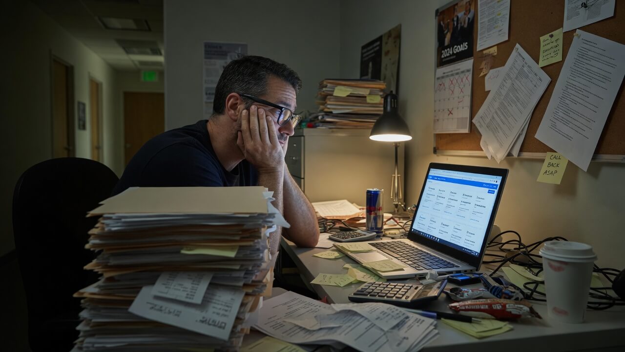 Overwhelmed small business owner at desk surrounded by disorganized financial paperwork and messy books