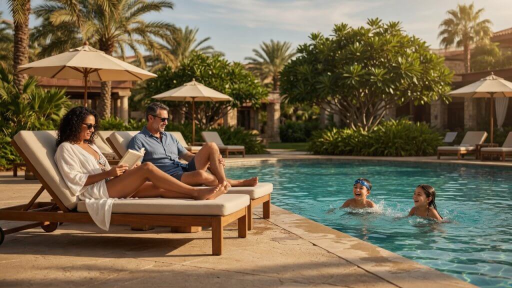 play longer travel family in pool vacation
