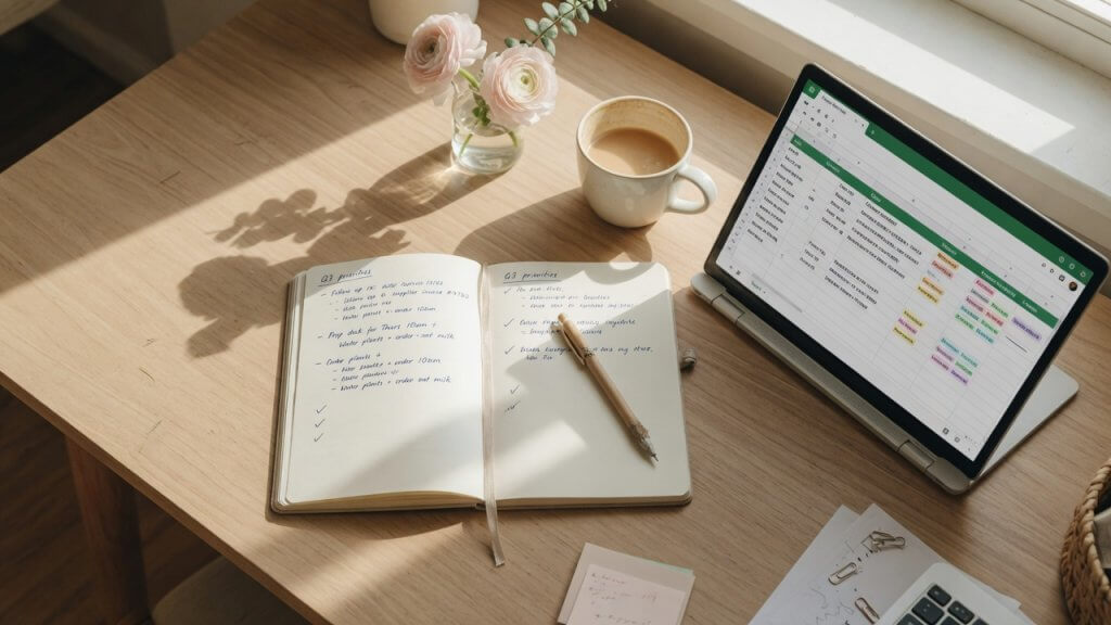 Organized desk with laptop and financial notes representing clean categorized bookkeeping