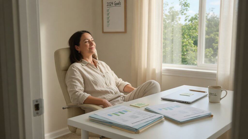 Business owner confidently reviewing a completed set of clean financial reports ready for a lender or tax filing