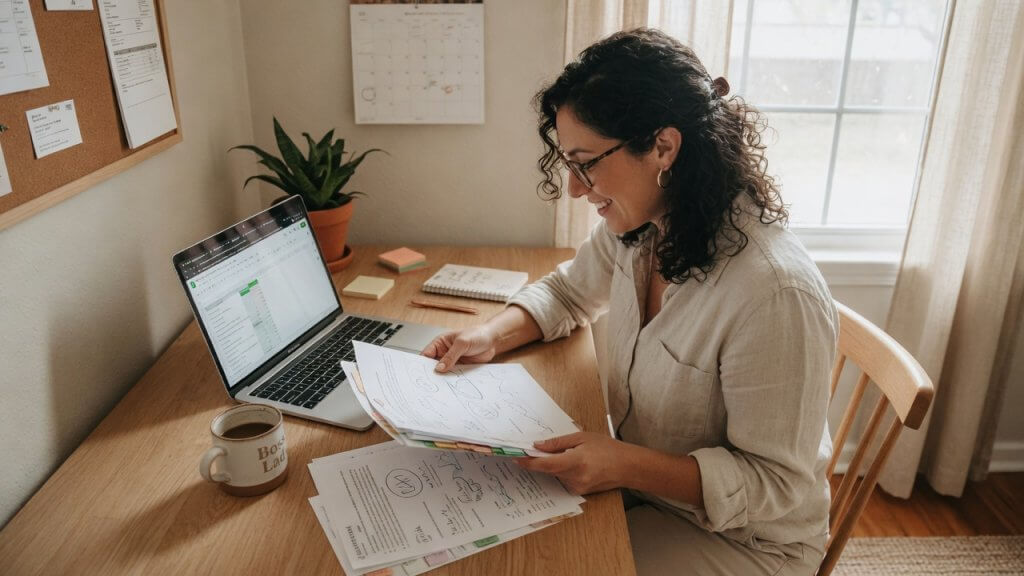 Small business owner reviewing financial documents at a bright home office desk