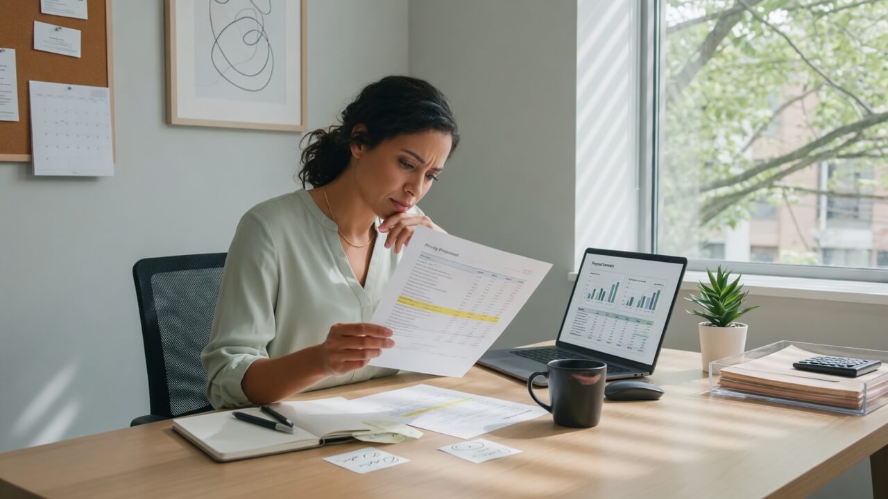 Small business owner reviewing a fixed-cost QuickBooks cleanup pricing proposal on a laptop